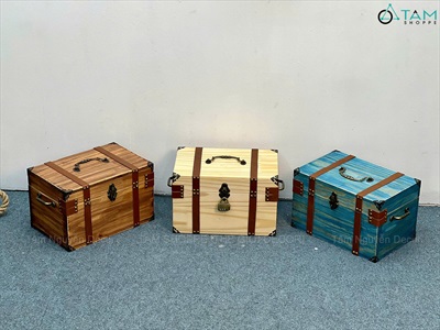 Rương gỗ viền da đinh tán 3 quai [03 Màu - Tặng ổ khóa] KT30x20x18cm RUONG-GO-04